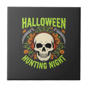 Azulejo De Cerâmica Noite de Caça no Halloween Desenho de Caveira e Fo