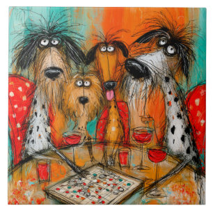 Azulejo De Cerâmica Noite de Jogos de Cães Divertidos com Vinho