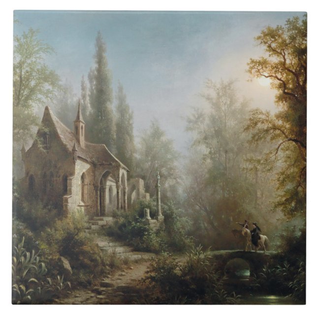 Azulejo De Cerâmica Noite de Lua sobre Capela e Cavaleiros (Frente)