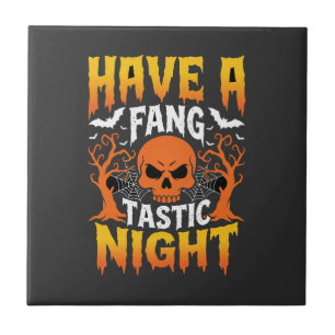 Azulejo De Cerâmica Noite Fantástica Crânio e Morcegos de Halloween