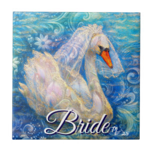 Azulejo De Cerâmica Noiva de Cisne c/Véu em Azul-Água Branca Personali
