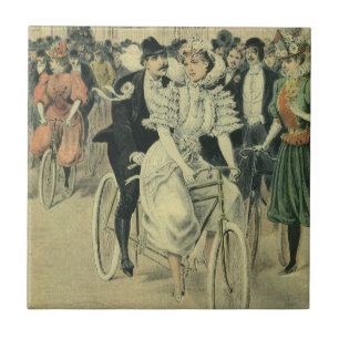 Azulejo De Cerâmica Noiva Vitoriana do Casamento e Bicicleta do Groom