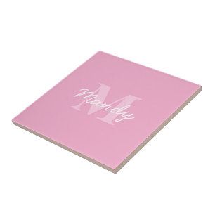 Azulejo De Cerâmica Nome Cursivo Bonito e Monograma   Rosa