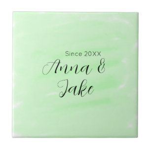 Azulejo De Cerâmica Nome data casamento casal verde aquarela pastel l