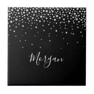 Azulejo De Cerâmica Nome DIY Branco Script & Diamantes Brancos, Preto
