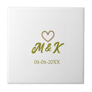 Azulejo De Cerâmica nome do casal de casamento coração dourado moderno