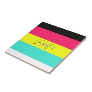 Azulejo De Cerâmica Nome do Monograma da faixa de cores preta e neon