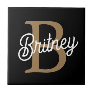 Azulejo De Cerâmica Nome do Monograma Elegante Moderno Script Dourado