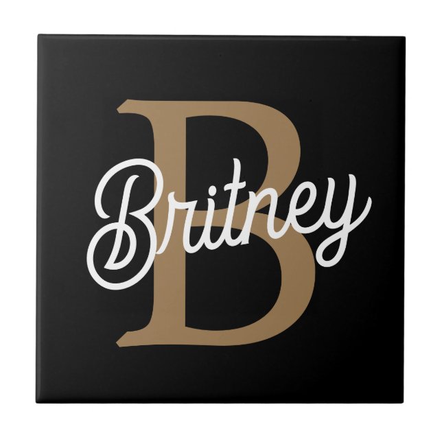 Azulejo De Cerâmica Nome do Monograma Elegante Moderno Script Dourado  (Frente)