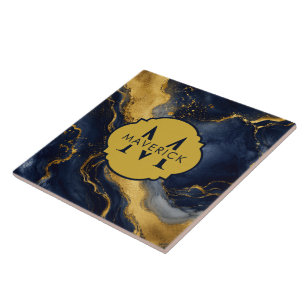 Azulejo De Cerâmica Nome Monograma em Azul Marinho e Dourado Abstract