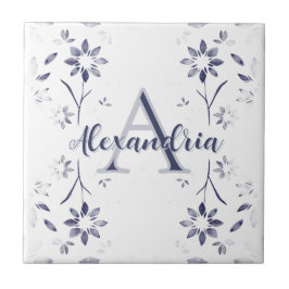 Azulejo De Cerâmica Nome Monograma Personalizado Floral Azul