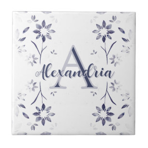 Azulejo De Cerâmica Nome Monograma Personalizado Floral Azul