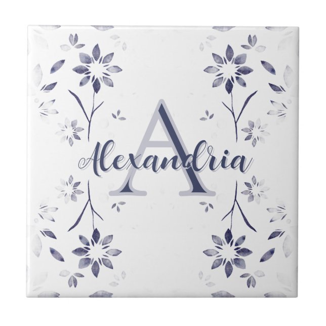 Azulejo De Cerâmica Nome Monograma Personalizado Floral Azul (Frente)