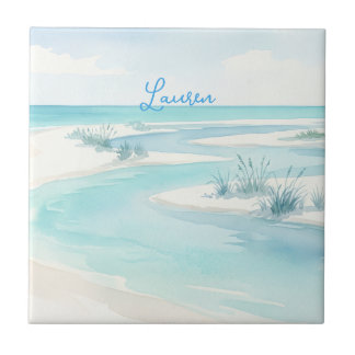 Azulejo De Cerâmica nome ondas de praia aquarela azul pastel editável 