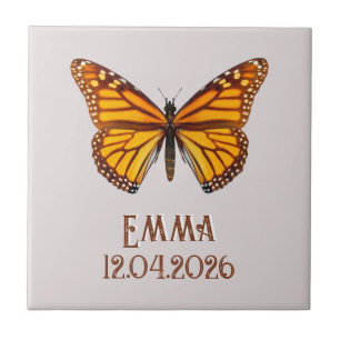 Azulejo De Cerâmica Nome Personalizado da Borboleta Monarca Data Arte