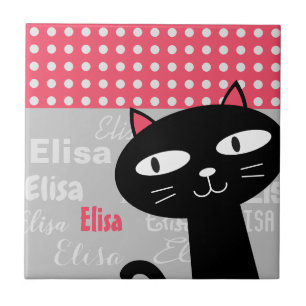 Azulejo De Cerâmica Nome personalizado de bolinhas cor-de-rosa de gato