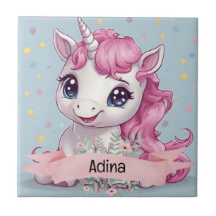 Azulejo De Cerâmica Nome Personalizado do Baby Unicorn Stars Rosa Mági