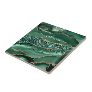 Azulejo De Cerâmica Nome Personalizado do Marble de Geodo Glitter Verd