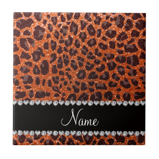 Azulejo De Cerâmica Nome personalizado glitter laranja impressão leopa (Frente)