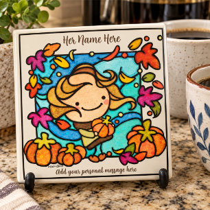 Azulejo De Cerâmica Nome Personalizado Outono Menina Abóbora Cerâmica