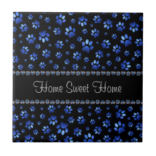 Azulejo De Cerâmica Nome personalizado, patas de cão com brilho azul