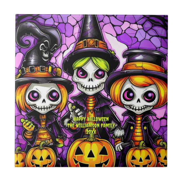 Azulejo De Cerâmica Nome Sentiment Year Spookey Skeleton Witch Family (Frente)
