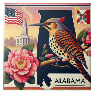Azulejo De Cerâmica Norte do Alabama Flicker Bird & Camellia Flower