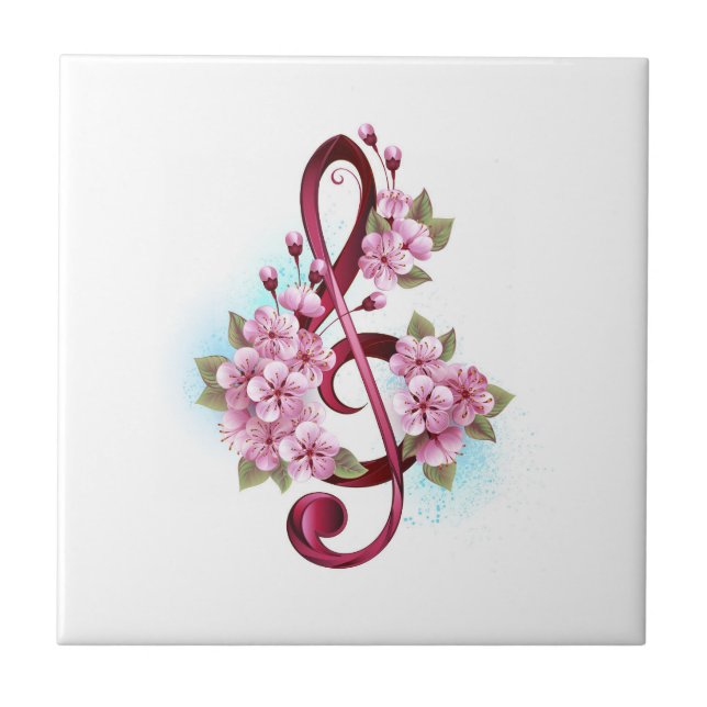 Azulejo De Cerâmica Notas de clave de trecho musical com flores de Sak (Frente)