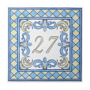 Azulejo De Cerâmica Número da casa grande azul e amarelo