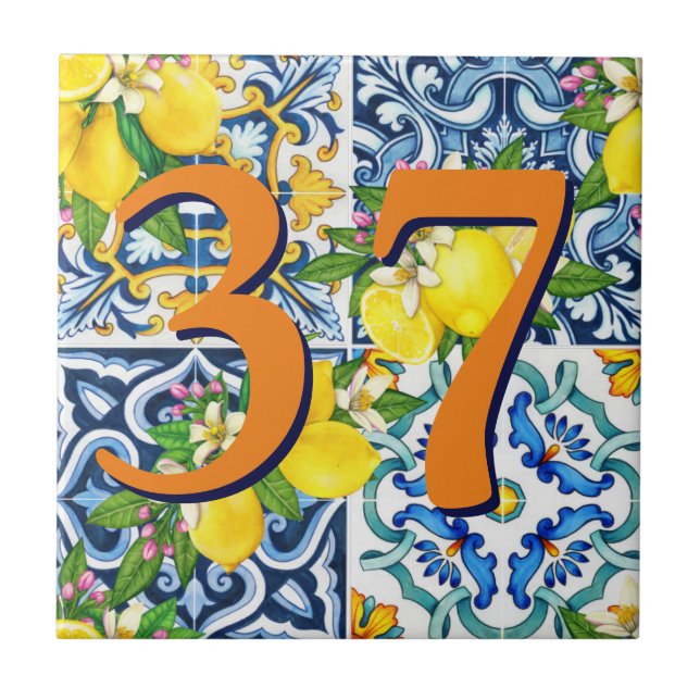 Azulejo De Cerâmica Número de Casa Personalizada Floral Siciliano Lemo (Frente)