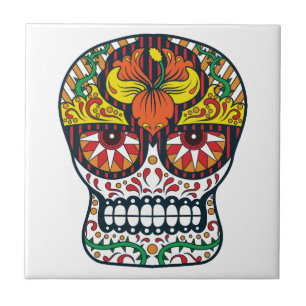 Azulejo De Cerâmica O amarelo alaranjado floresce o crânio mexicano d