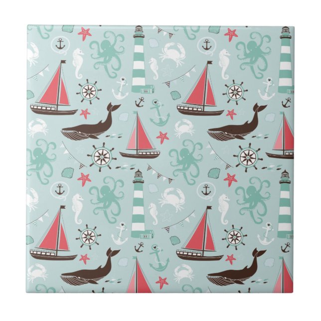 Azulejo De Cerâmica O azul de oceano náutico e aumentou (Frente)