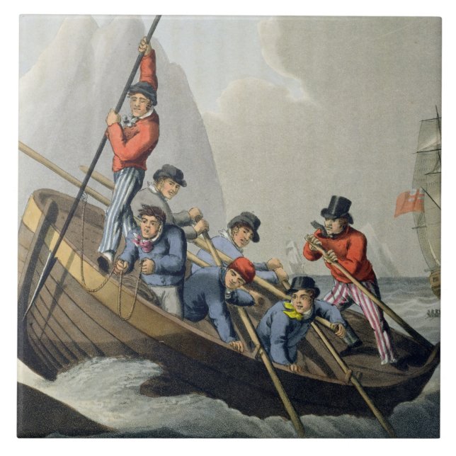 Azulejo De Cerâmica O barco de um navio que ataca uma baleia, gravada (Frente)