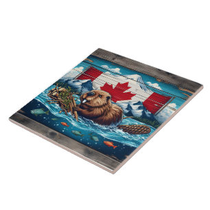 Azulejo De Cerâmica O Beaver Compila Lodge, Sinalizador Atrás