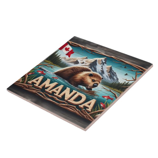 Azulejo De Cerâmica O Beaver constrói bordos em águas calmas (Lateral)