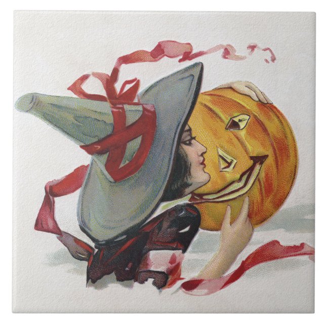 Azulejo De Cerâmica O Beijo da Bruxa: um Jack o Lantern no Halloween (Frente)