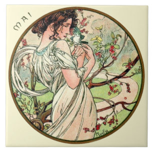 Azulejo De Cerâmica O calendário de Nouveau Mucha da arte pode
