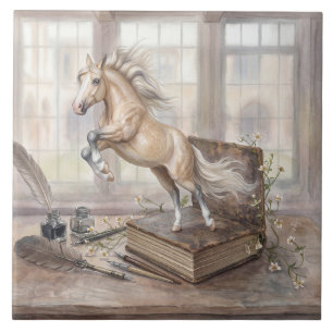 Azulejo De Cerâmica O Cavalo Estudioso Saltando de um Livro