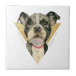 Azulejo De Cerâmica O "filhote de cachorro Eyes" a aguarela do cão do<br><div class="desc">Esta é uma pintura da aguarela de um filhote de cachorro preto e branco do pitbull. É um fim acima do cão com os grandes olhos de vista esperançosos. Eu adicionei um quadro do triângulo no fundo do brilho do ouro do falso.</div>