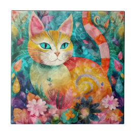 Azulejo De Cerâmica O Gato com Olhos Verdes Marcantes no Jardim de Flo