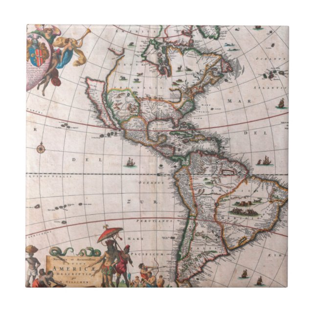 Azulejo De Cerâmica O mapa de Visscher do Novo Mundo (Frente)