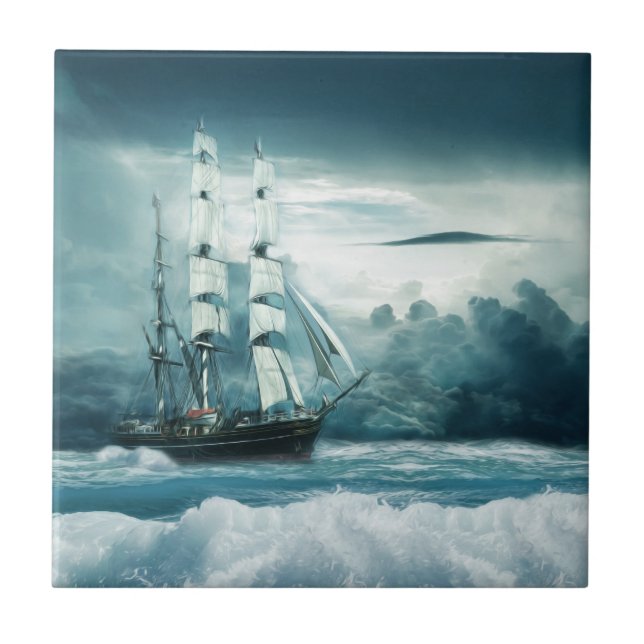 Azulejo De Cerâmica O Mar Cruel - Navio à Vela (Frente)