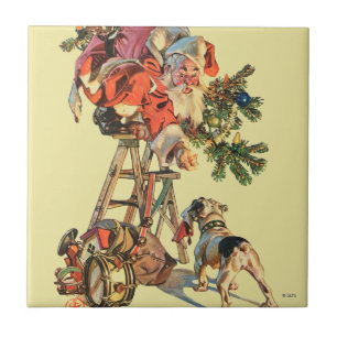 Azulejo De Cerâmica O papai noel levanta uma escada