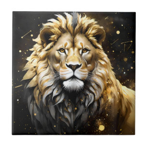 Azulejo De Cerâmica O Rei: Leão Masculino Majestoso Dourado E Cinza,