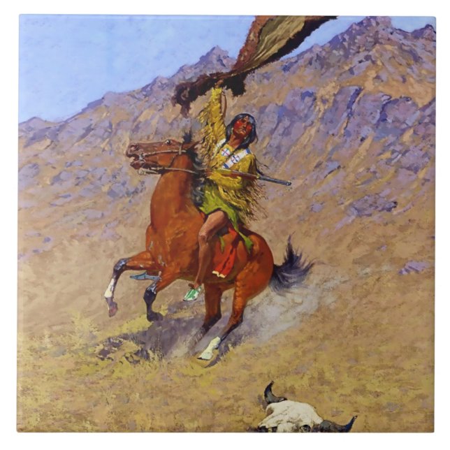Azulejo De Cerâmica "O Sinal" Arte Ocidental de Frederic Remington (Frente)