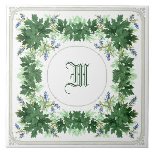 Azulejo De Cerâmica Oak Folhas e Berries Wreath Border Monograma