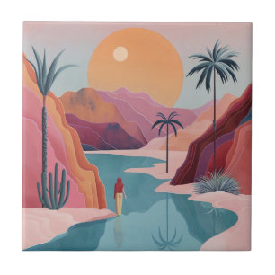 Azulejo De Cerâmica Oásis Celestial Paisagem Terracota Turquesa