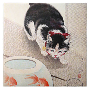 Azulejo De Cerâmica Obra de arte Cat e Bowl de Peixe Dourado,