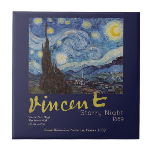 Azulejo De Cerâmica Obra-Prima Vintage Azul Noite Estrelada de Van Gog