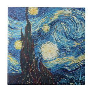 Azulejo De Cerâmica Obra-Prima Vintage Azul Noite Estrelada de Van Gog